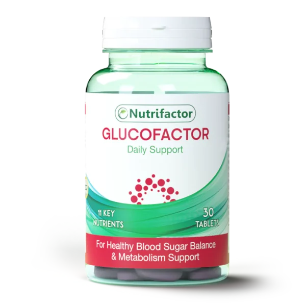 Nutrifactor Glucofactor supplement bottle for blood sugar support in Pakistan.