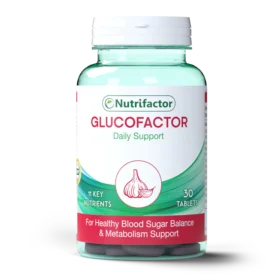 Nutrifactor Glucofactor supplement bottle for blood sugar support in Pakistan.