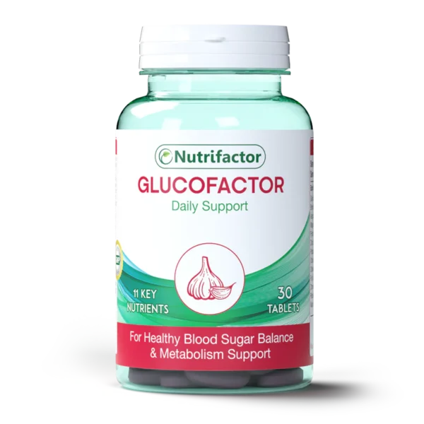 Nutrifactor Glucofactor supplement bottle for blood sugar support in Pakistan.