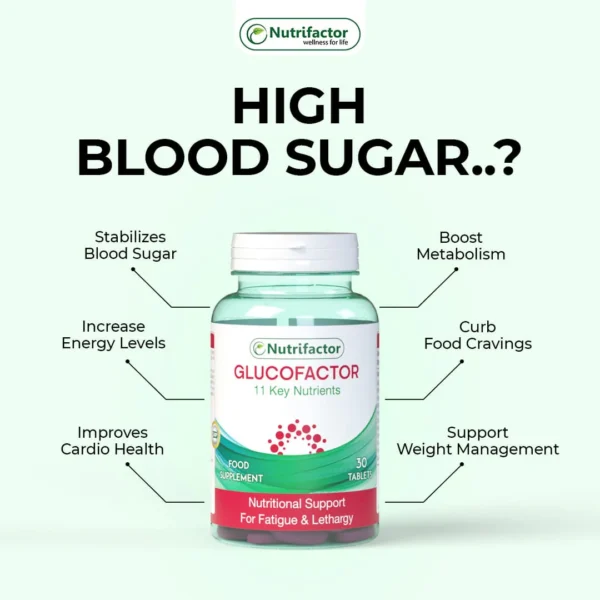 Nutrifactor Glucofactor supplement bottle for blood sugar support in Pakistan.