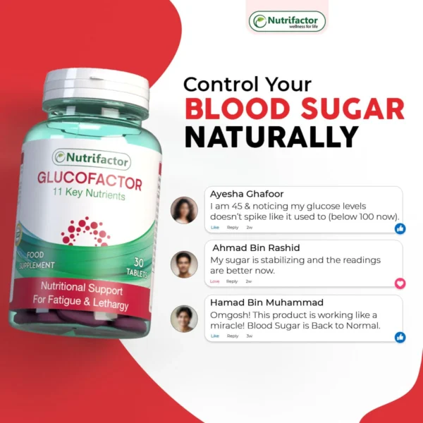 Nutrifactor Glucofactor supplement bottle for blood sugar support in Pakistan.