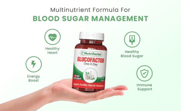 Nutrifactor Glucofactor supplement bottle for blood sugar support in Pakistan.