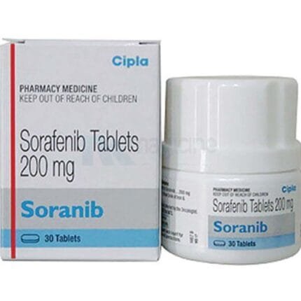 Soranib 200mg tablet, an orange, oval-shaped pill used to treat certain cancers, including liver, kidney, and thyroid cancer. The tablet contains Sorafenib as the active ingredient. Available at MedicineWalyDost.com.