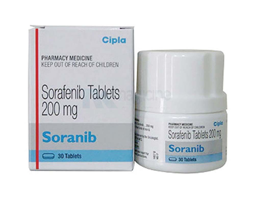 Soranib 200mg tablet, an orange, oval-shaped pill used to treat certain cancers, including liver, kidney, and thyroid cancer. The tablet contains Sorafenib as the active ingredient. Available at MedicineWalyDost.com.