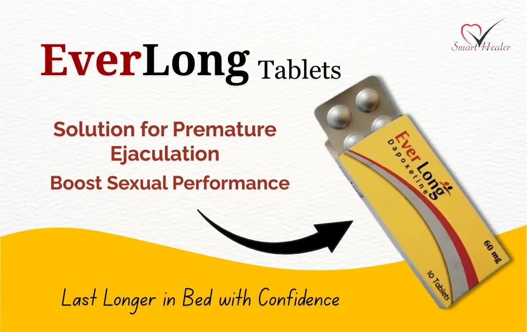 Everlong 60mg tablet, a white, round pill used to treat premature ejaculation. The tablet contains Dapoxetine as the active ingredient. Available at MedicineWalyDost.com.