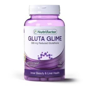 Nutrifactor Gluta Glime supplement bottle for skin brightening and immune support.