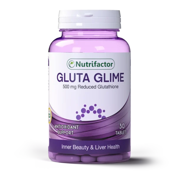 Nutrifactor Gluta Glime supplement bottle for skin brightening and immune support.