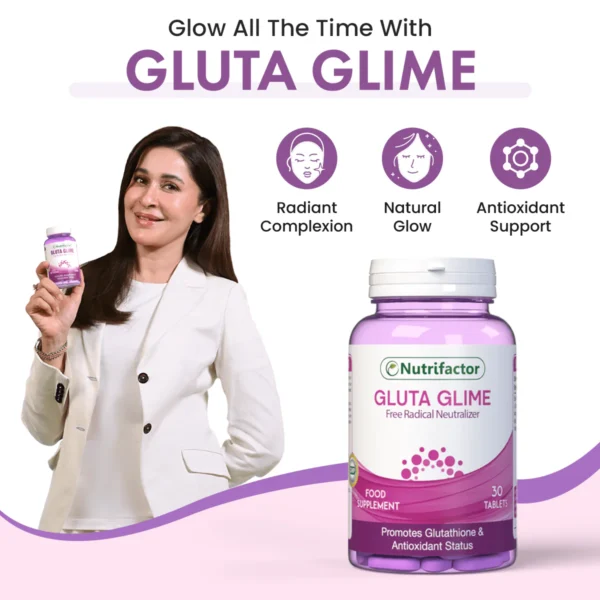 Nutrifactor Gluta Glime supplement bottle for skin brightening and immune support.