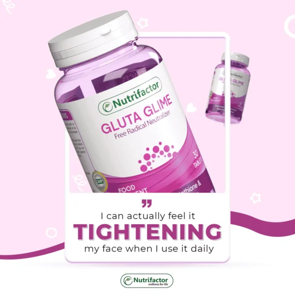 Nutrifactor Gluta Glime supplement bottle for skin brightening and immune support.