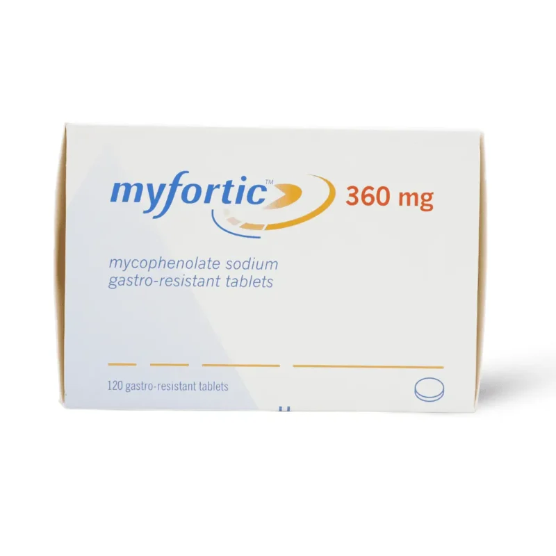 Myfortic 360mg tablet, a white, oval-shaped pill used to prevent organ rejection in transplant patients. The tablet contains Mycophenolate as the active ingredient. Available at MedicineWalyDost.com.