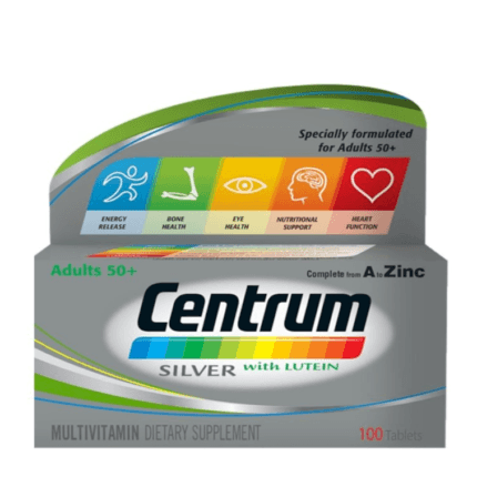 Centrum Silver with Lutein tablet, an imported multivitamin supplement for adults 50+, supporting eye, heart, and bone health. Available at MedicineWalyDost.com.