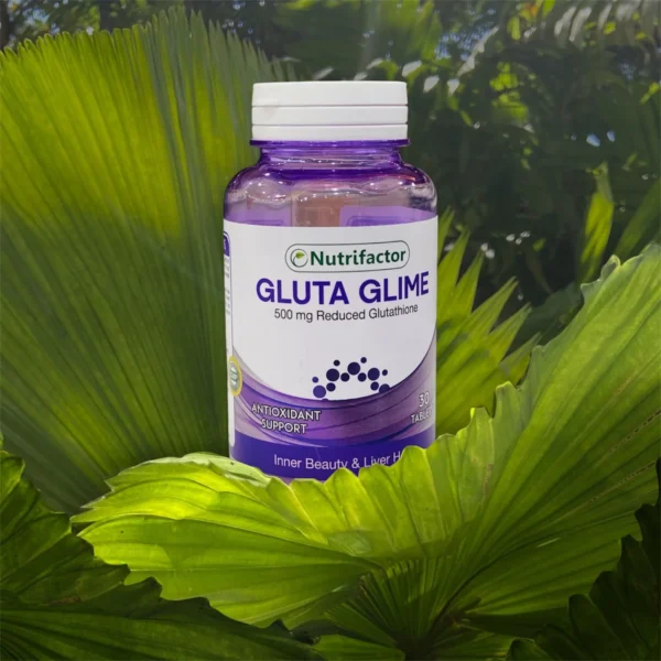 Nutrifactor Gluta Glime supplement bottle for skin brightening and immune support.