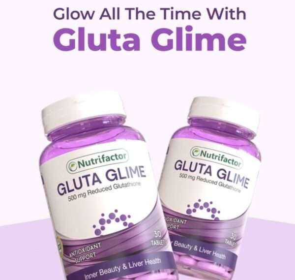 Nutrifactor Gluta Glime supplement bottle for skin brightening and immune support.