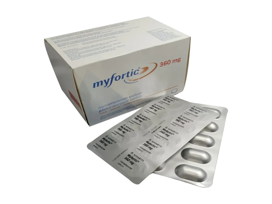 Myfortic 360mg tablet, a white, oval-shaped pill used to prevent organ rejection in transplant patients. The tablet contains Mycophenolate as the active ingredient. Available at MedicineWalyDost.com.