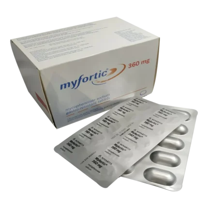 Myfortic 360mg tablet, a white, oval-shaped pill used to prevent organ rejection in transplant patients. The tablet contains Mycophenolate as the active ingredient. Available at MedicineWalyDost.com.