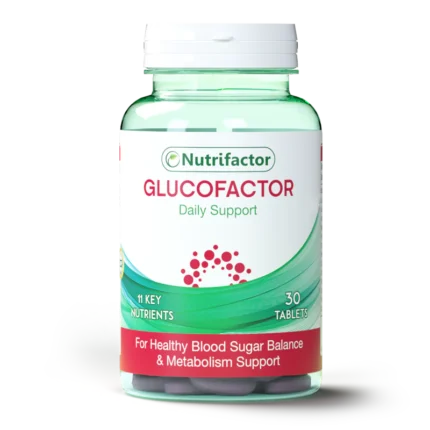 Nutrifactor Glucofactor supplement bottle for blood sugar support in Pakistan.