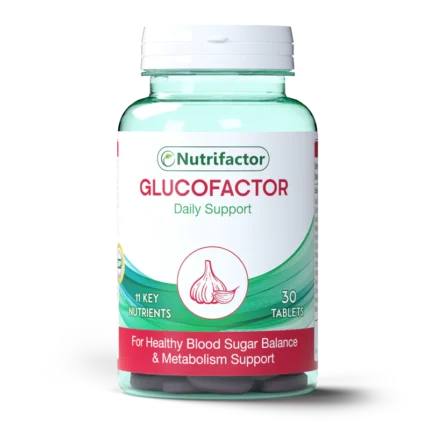 Nutrifactor Glucofactor supplement bottle for blood sugar support in Pakistan.