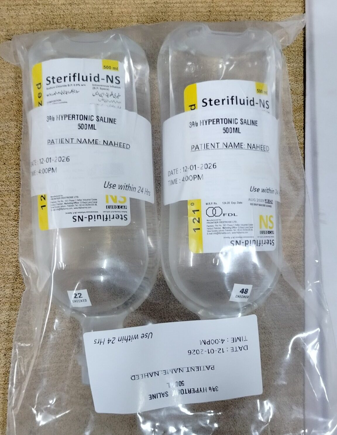 3 percent Hypertonic Saline 500ml injection IV solution for sodium imbalance treatment in Pakistan