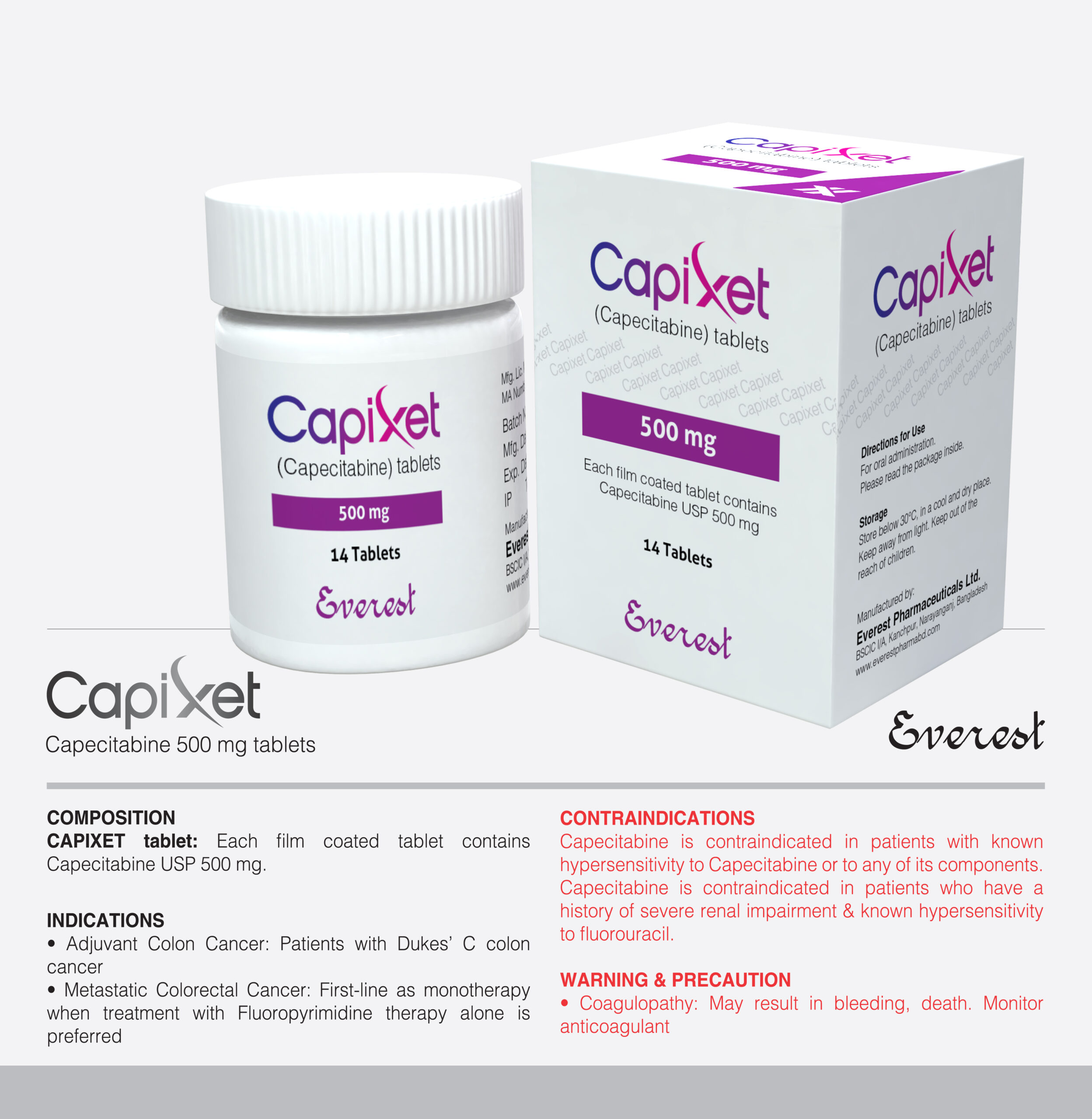 Capixet 500mg Tablet (Capecitabine) original chemotherapy medicine used for breast, colorectal, and stomach cancer treatment in Pakistan