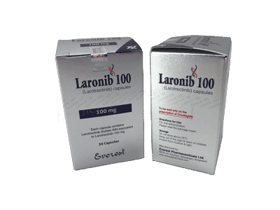 Laronib 100mg Capsule Larotrectinib oral targeted therapy for NTRK gene fusion-positive solid tumors, manufactured by Everest Pharmaceuticals, 30 capsules per bottle