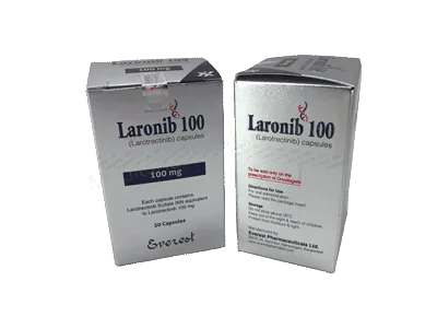 Laronib 100mg Capsule Larotrectinib oral targeted therapy for NTRK gene fusion-positive solid tumors, manufactured by Everest Pharmaceuticals, 30 capsules per bottle