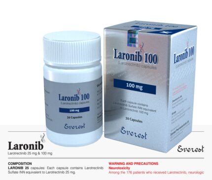 Laronib 100mg Capsule Larotrectinib oral targeted therapy for NTRK gene fusion-positive solid tumors, manufactured by Everest Pharmaceuticals, 30 capsules per bottle