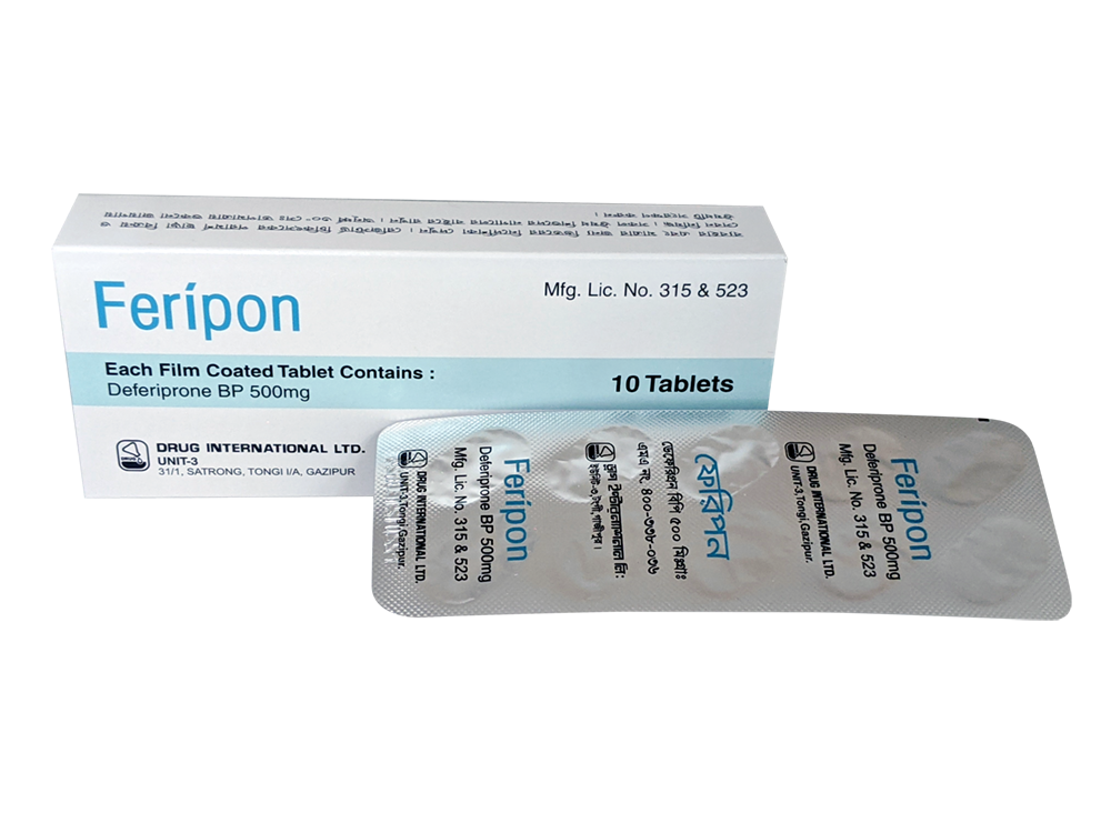 Feripon 500mg Tablet (Deferiprone) iron chelation medicine used for treatment of iron overload in thalassemia patients in Pakistan available at MedicineWalyDost.com Feripon 500mg Tablet (Deferiprone) iron chelation medicine used for treatment of iron overload in thalassemia patients in Pakistan available at MedicineWalyDost.com