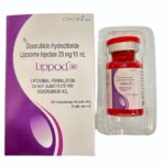 Lippod 20mg Injection (Doxorubicin) chemotherapy injection vial manufactured by Celon Labs used for treatment of various cancers including breast cancer and leukemia.