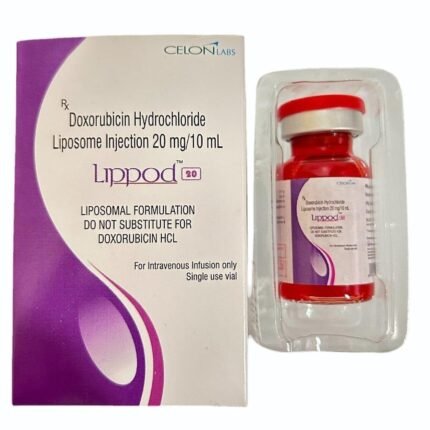 Lippod 20mg Injection (Doxorubicin) chemotherapy injection vial manufactured by Celon Labs used for treatment of various cancers including breast cancer and leukemia.