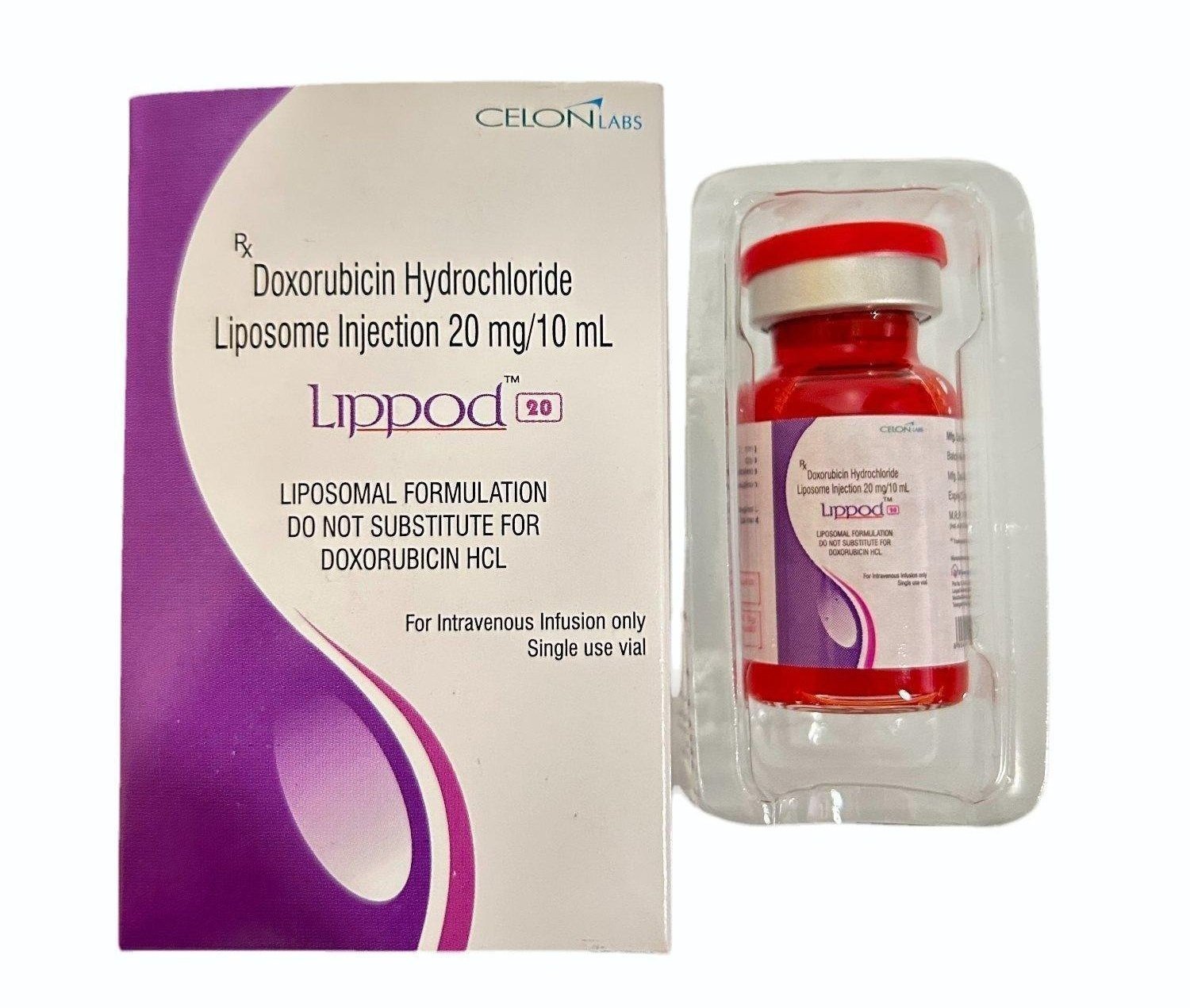 Lippod 20mg Injection (Doxorubicin) chemotherapy injection vial manufactured by Celon Labs used for treatment of various cancers including breast cancer and leukemia. Lippod 20mg Injection (Doxorubicin) chemotherapy injection vial manufactured by Celon Labs used for treatment of various cancers including breast cancer and leukemia.