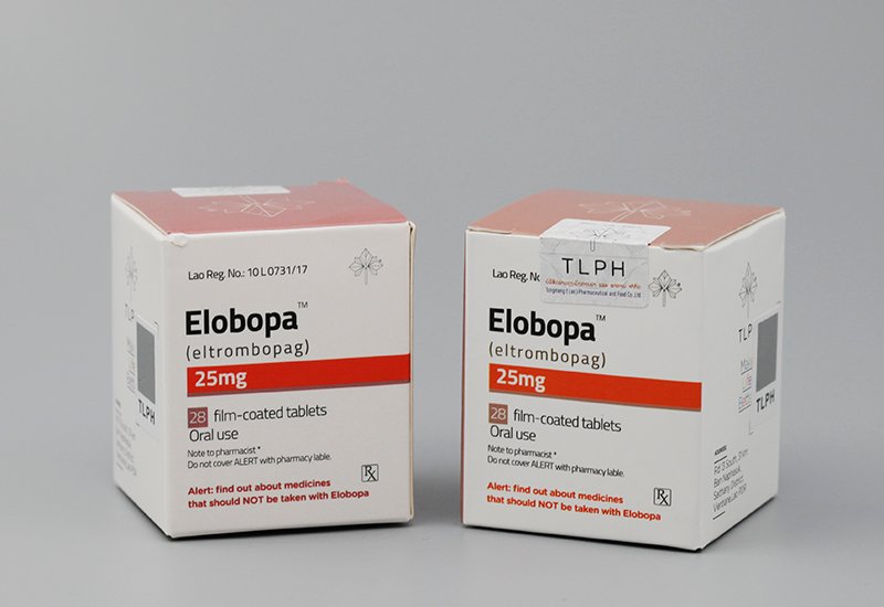 Elobopa 25mg Tablet Eltrombopag 28 tablets pack by TLPH Tongmeng Lao Pharmaceutical for low platelet count treatment Elobopa 25mg Tablet Eltrombopag 28 tablets pack by TLPH Tongmeng Lao Pharmaceutical for low platelet count treatment