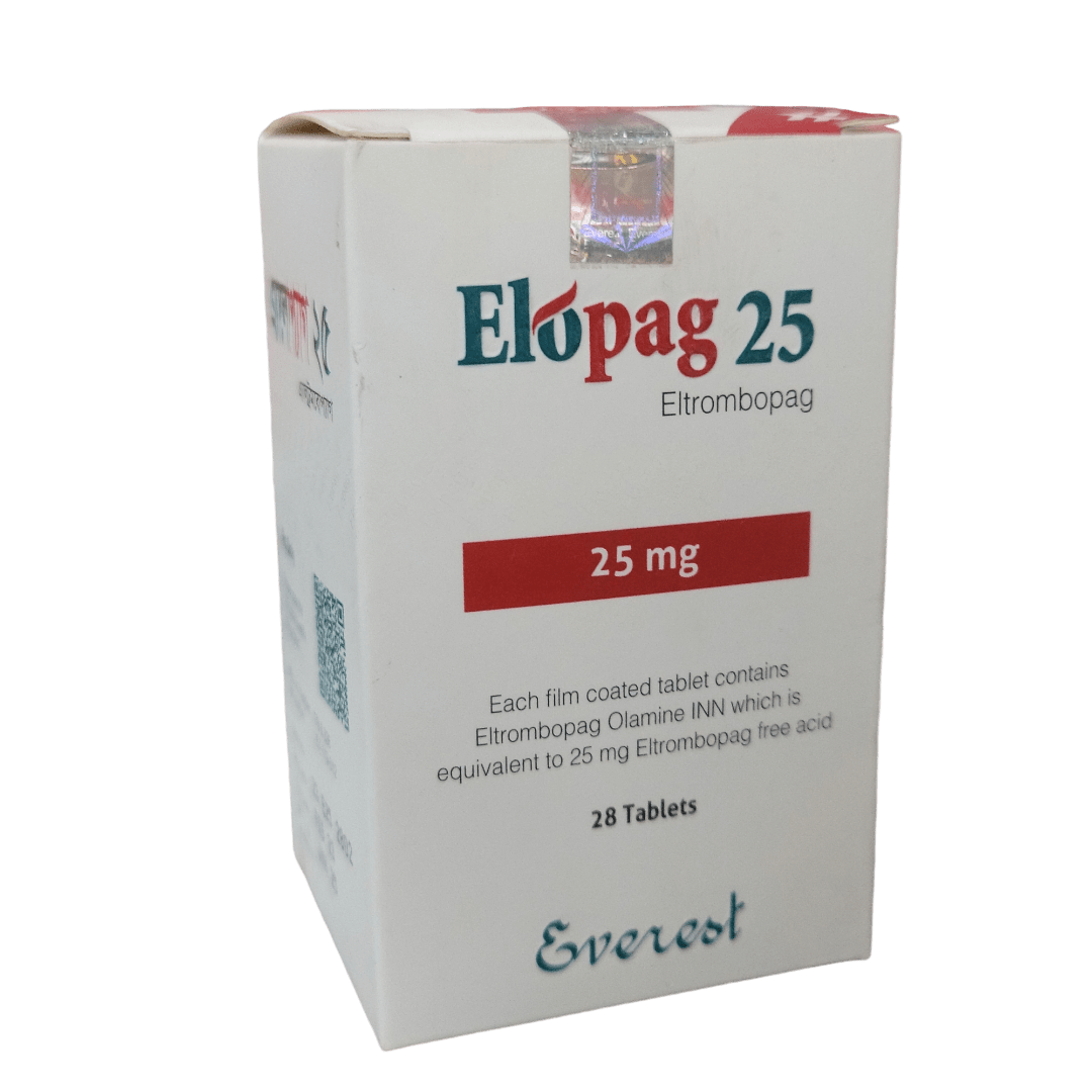 Elopag 25mg Tablet Eltrombopag 28 tablets by Everest Pharmaceuticals for low platelet count and immune thrombocytopenia treatment Elopag 25mg Tablet Eltrombopag 28 tablets by Everest Pharmaceuticals for low platelet count and immune thrombocytopenia treatment