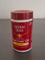 Seven Seas Cod Liver Oil Capsules supplement bottle containing Omega 3, Vitamin A and Vitamin D for heart, brain, bone and immune health support.