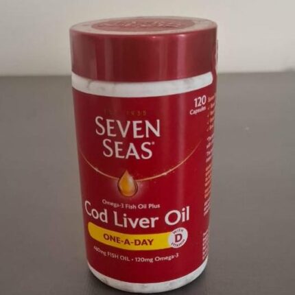 Seven Seas Cod Liver Oil Capsules supplement bottle containing Omega 3, Vitamin A and Vitamin D for heart, brain, bone and immune health support.