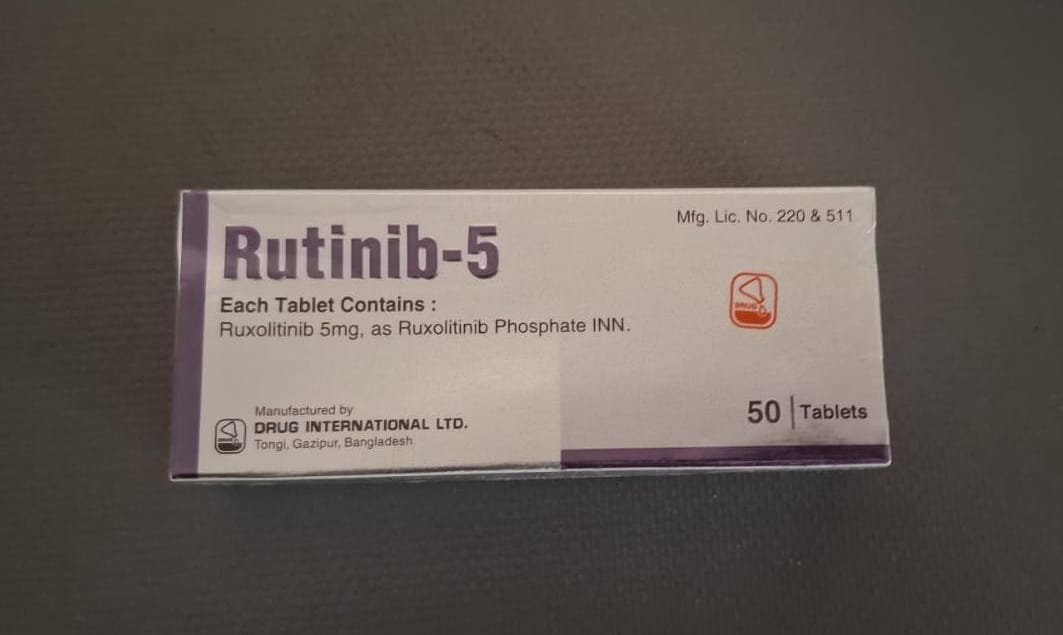 Rutinib 5mg Tablet Ruxolitinib 50 tablets pack by Drug International Ltd used for myelofibrosis and blood disorder treatment Pakistan Rutinib 5mg Tablet Ruxolitinib 50 tablets pack by Drug International Ltd used for myelofibrosis and blood disorder treatment Pakistan