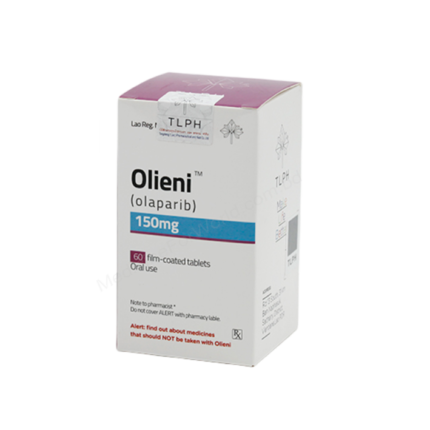 Olieni 150mg Tablet (Olaparib) film-coated tablets pack used for targeted cancer treatment of ovarian, breast, pancreatic, and prostate cancer.