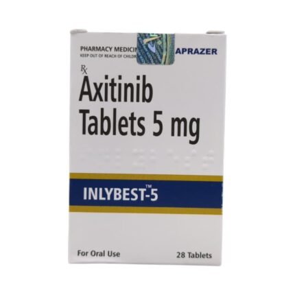 Axitinib 5mg Tablet by Aprazer Healthcare Pvt. Ltd., pack of 28 tablets for advanced renal cell carcinoma treatment.