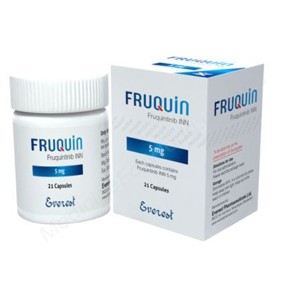 Fruquin 5mg Capsule (Fruquintinib) by Everest Pharmaceuticals, pack of 21 capsules for metastatic colorectal cancer treatment.