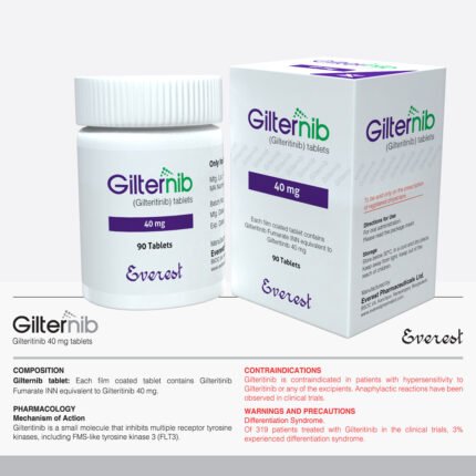 Gilternib 40mg Tablet (Gilteritinib) by Everest Pharmaceuticals, pack of 90 tablets for FLT3 mutation-positive acute myeloid leukemia.