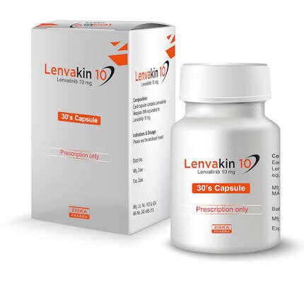 Lenvakin 10mg Capsule (Lenvatinib) by Ziska Pharma, pack of 30 capsules for targeted cancer treatment.