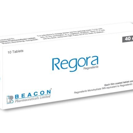 Regora 40mg Tablet (Regorafenib) by Beacon Pharmaceuticals Limited, pack of 10 tablets for advanced cancer treatment.