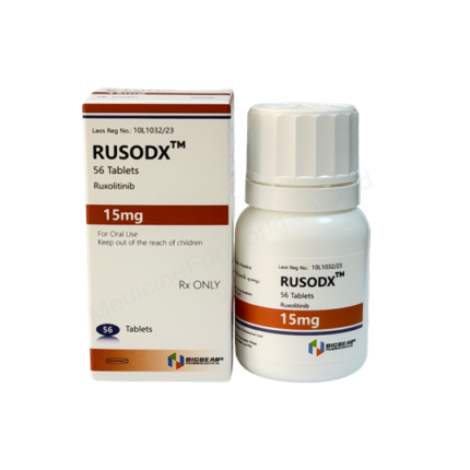Rusodx 15mg Tablet (Ruxolitinib) by Big Bear Pharmaceutical Co., Ltd. – Pack of 56 Tablets for myelofibrosis and polycythemia vera treatment.