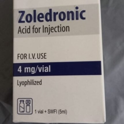Zoledronic 4mg Injection (Zoledronic Acid) with 1 vial and 5ml Sterile Water for Injection (SWFI) for oncology and bone disorder treatment.