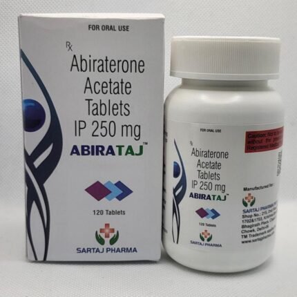Abiraterone Acetate 250mg Tablet (Abirataj) by Sartaj Pharma – 120 tablets for advanced prostate cancer treatment.