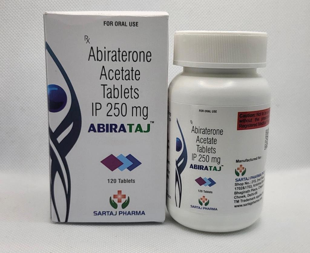 Abiraterone Acetate 250mg Tablet (Abirataj) by Sartaj Pharma – 120 tablets for advanced prostate cancer treatment.