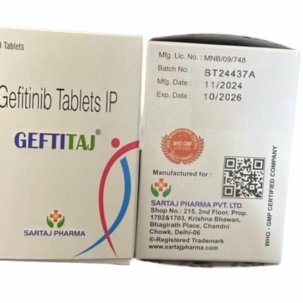 Gefitinib 250mg Tablet (Gefititaj) by Sartaj Pharma – 30 Tablets for EGFR-positive non-small cell lung cancer treatment.