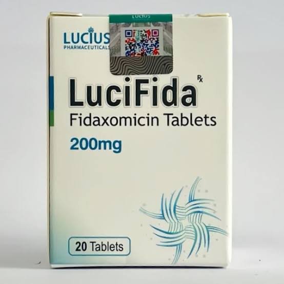 LuciFida 200mg Tablet (Fidaxomicin) LuciFida 200mg Tablet Fidaxomicin imported product, listed as Lucius Pharmaceuticals, pack of 20 tablets.