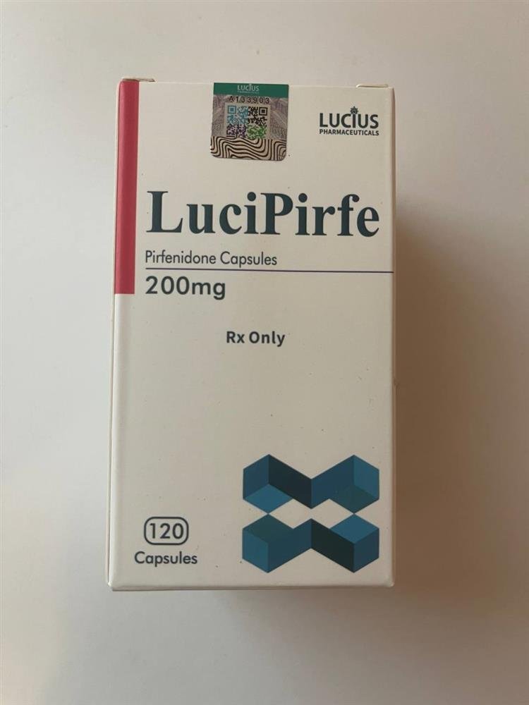 Lucipirfe 200mg Capsule (pirfenidone) Pirfenidone 200mg Capsules imported by Lucius Pharmaceuticals, pack of 120 capsules.