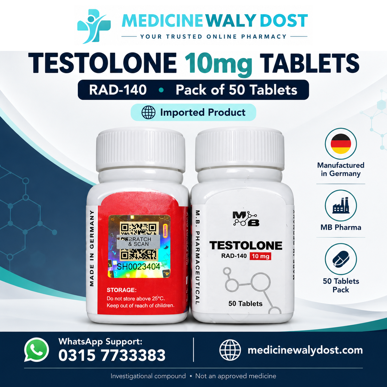 Testolone 10mg Tablet RAD-140 imported product by MB Pharma, stated Germany origin, pack of 50 tablets. Testolone 10mg Tablet RAD-140 imported product by MB Pharma, stated Germany origin, pack of 50 tablets.